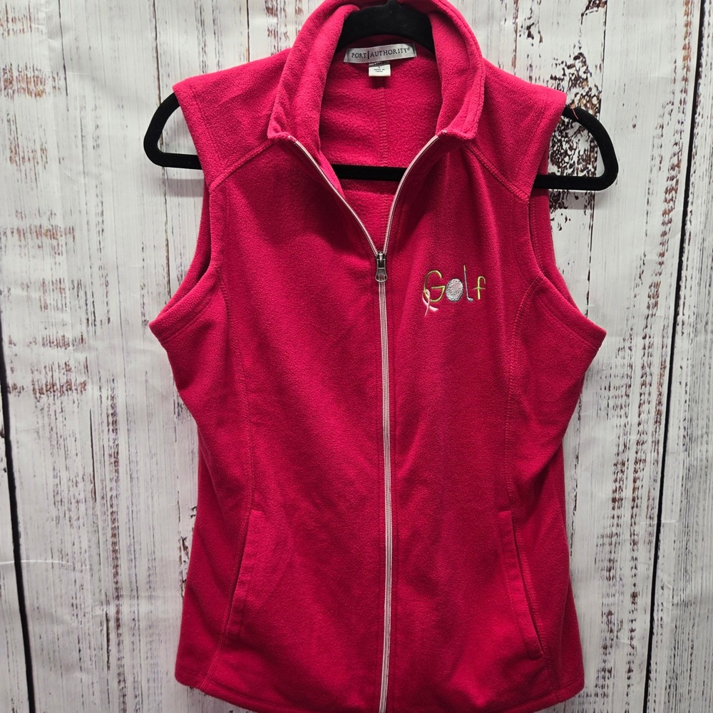 Port Authority Womens Sm Fleece Vest Pink Golf Embroidered Breast Cancer Ribbon